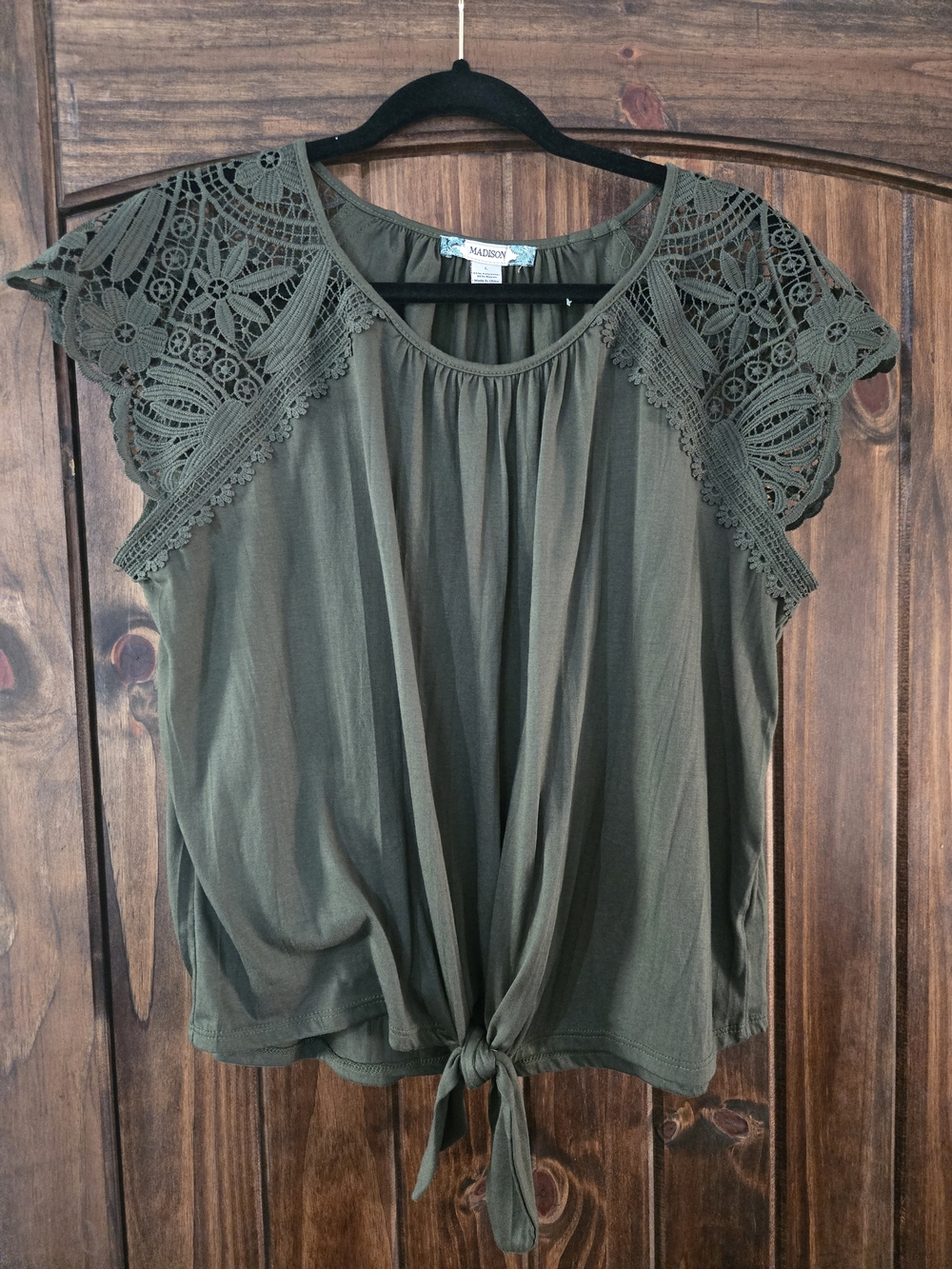 Madison Olive Crochet Cap Sleeve Tie-Front Blouse